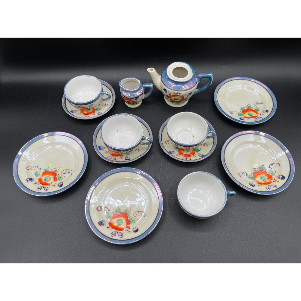 Vtg Japan Lusterware Miniature Tea Set Floral Poppy 13 Pc Blue Orange As Is